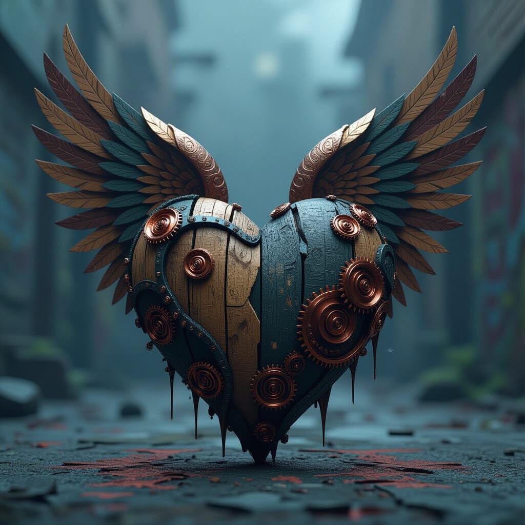 Winged Wooden Heart with Metallic Spirals in 8K