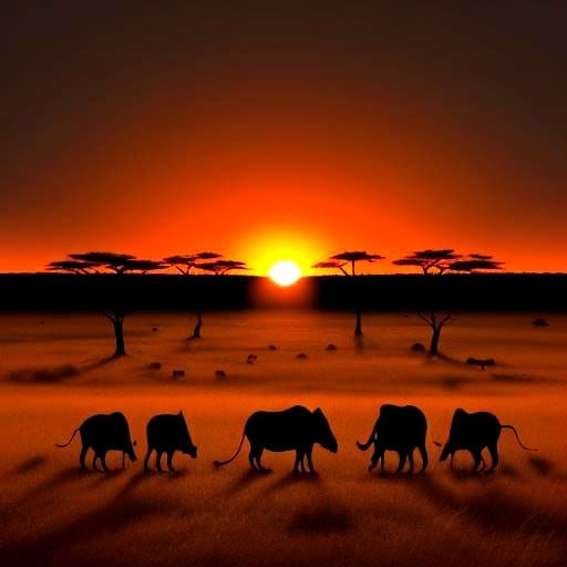 African Sunset with Silhouetted Animals