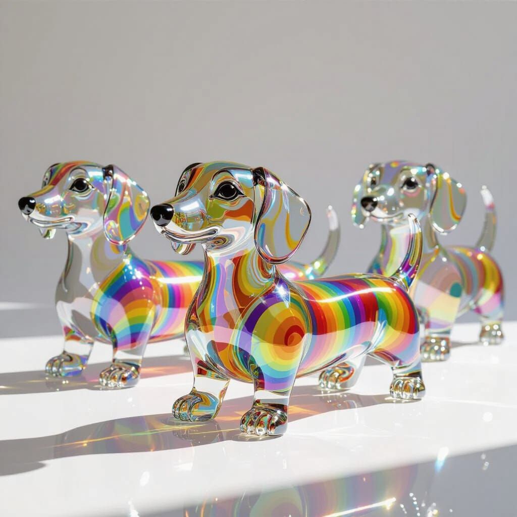 Glass Dachshunds With Internal Rainbow Swirls