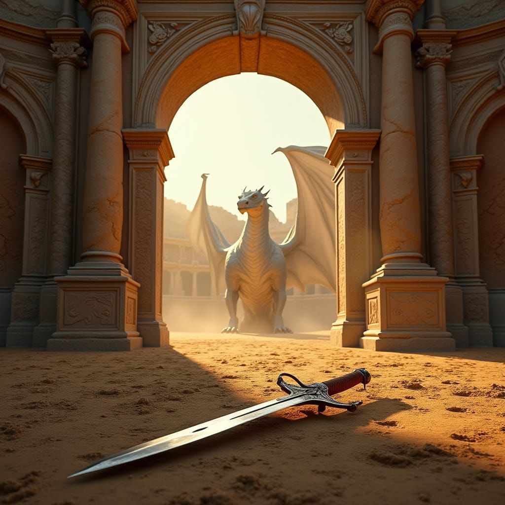 Roman Gladiator Arena Through Arched Entrance with Dragon in...