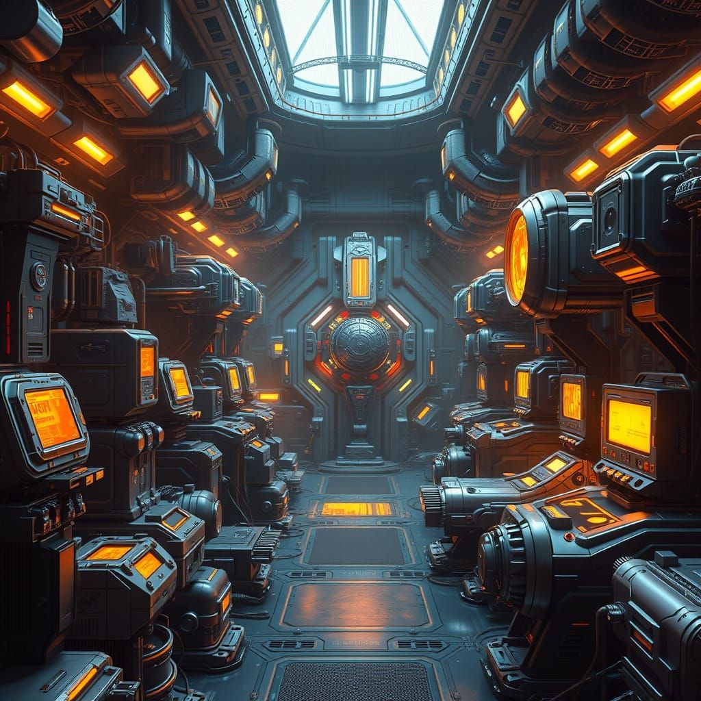 Surreal Futuristic Armory Illuminated by Golden Light