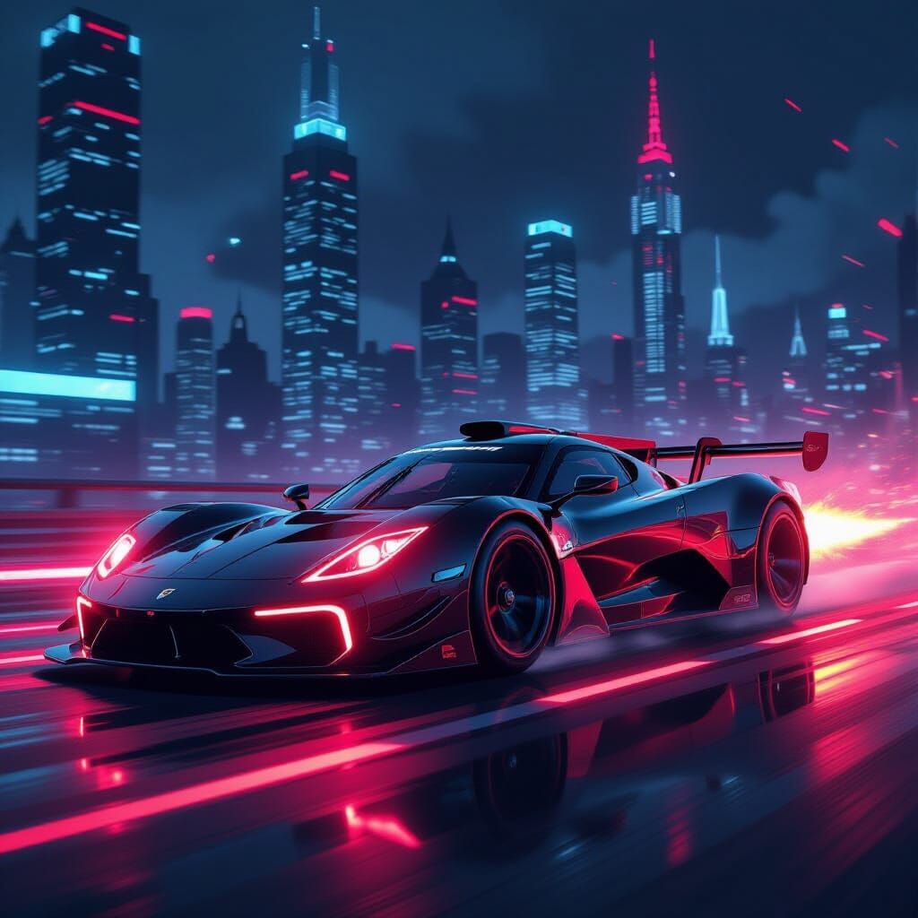 Red Neon Race Car in Futuristic Cityscape