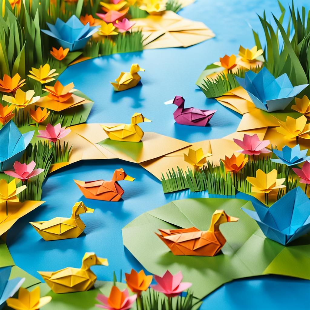 Colorful Origami Ducks in a Paper Pond Scene