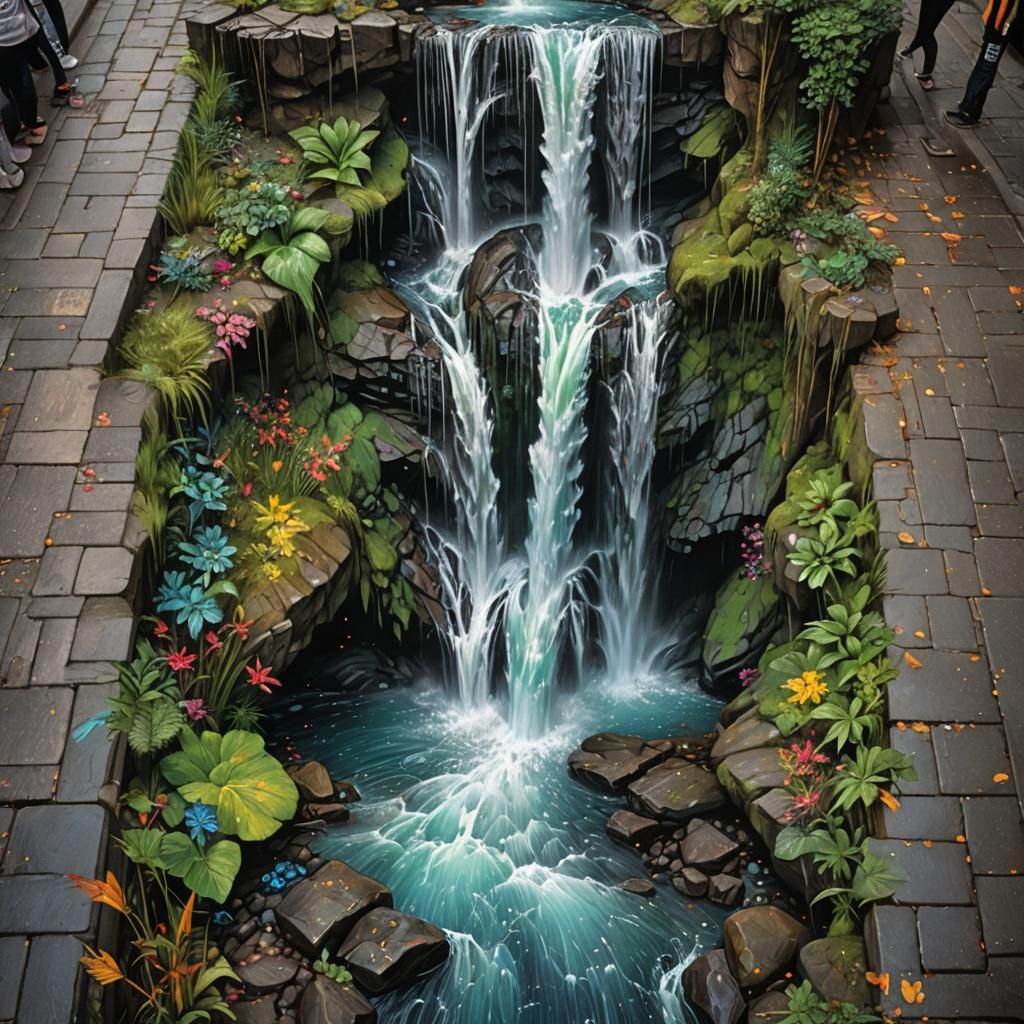 Waterfall Chalk Art Optical Illusion: Hyperrealistic Paintin...