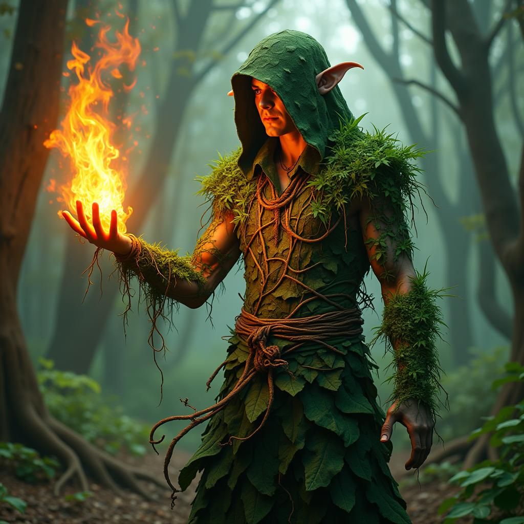 Plant Elf Warlock Casting Hellfire in Fantasy Art Style