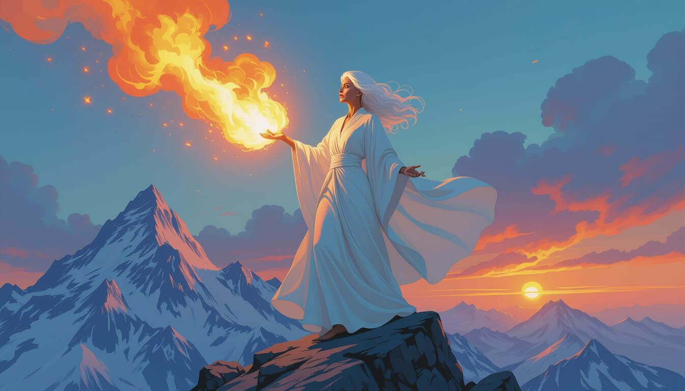 Mystical Woman Summons Fiery Sky on Mountain Peak