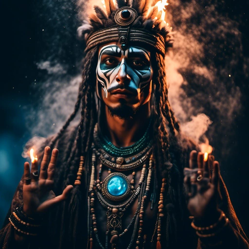 Shaman Performing Mystical Ritual in the Night