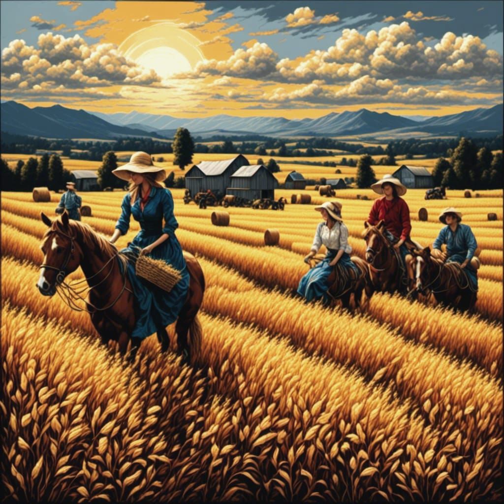 Impressionistic Potato Pickers in Field with Gold Colors