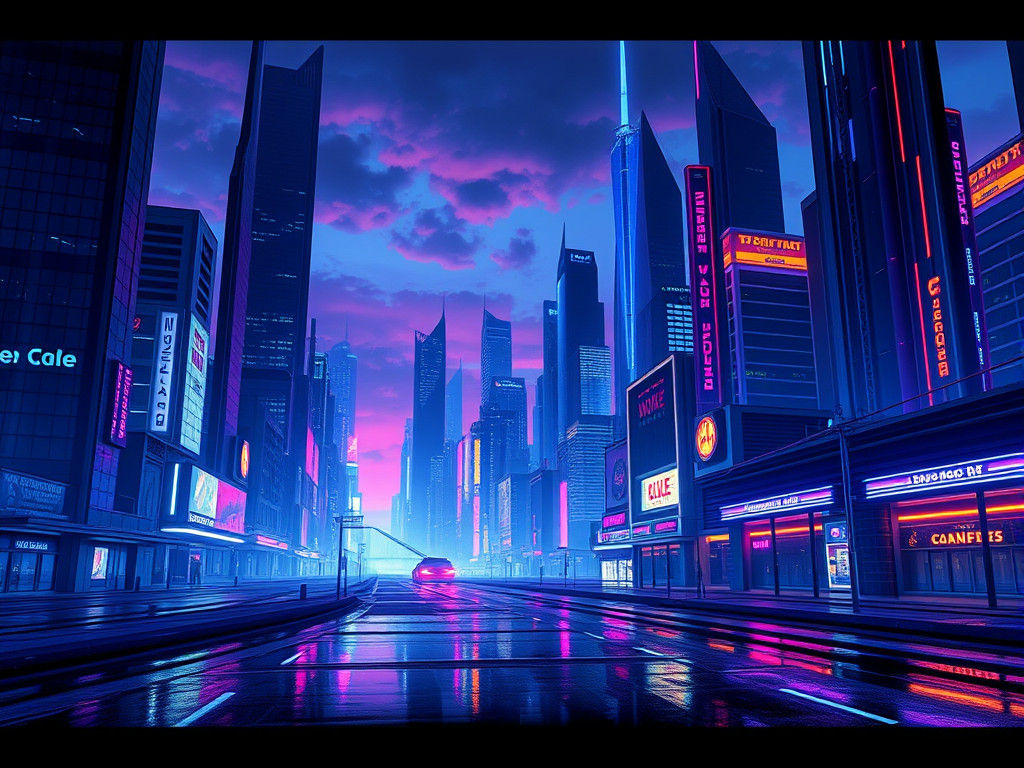 Futuristic Cityscape at Dusk in Cyberpunk Style