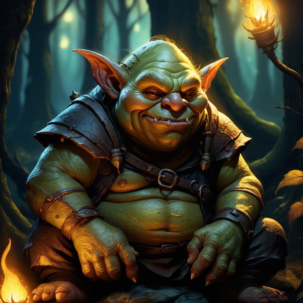 Fat Goblin Sitting in Mystical Forest Concept Art