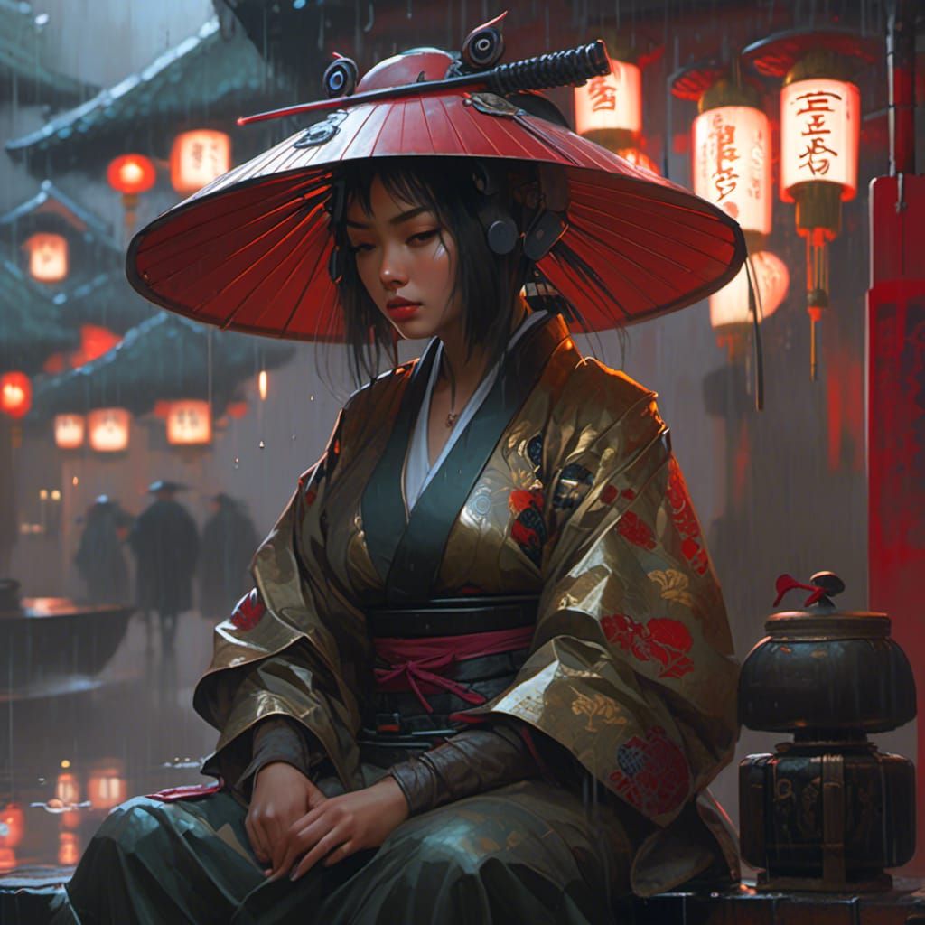 Cyberpunk Samurai Girl in Rainy Edo Era