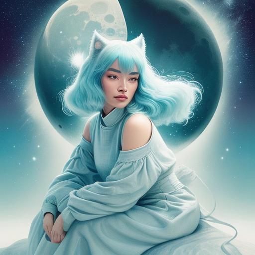 Lunar Cats Comfort Crying Woman on the Moon