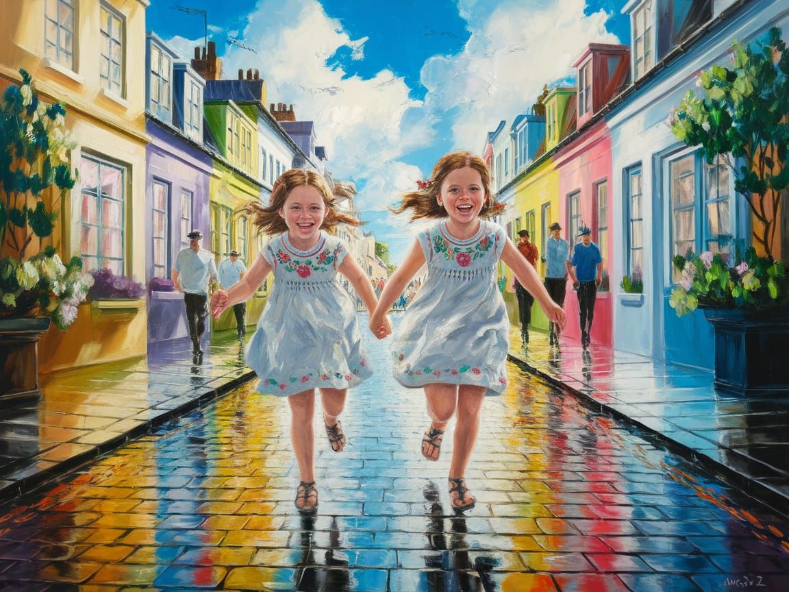 Radiant Young Friends Stroll Hand in Hand Down a Charming Eu...