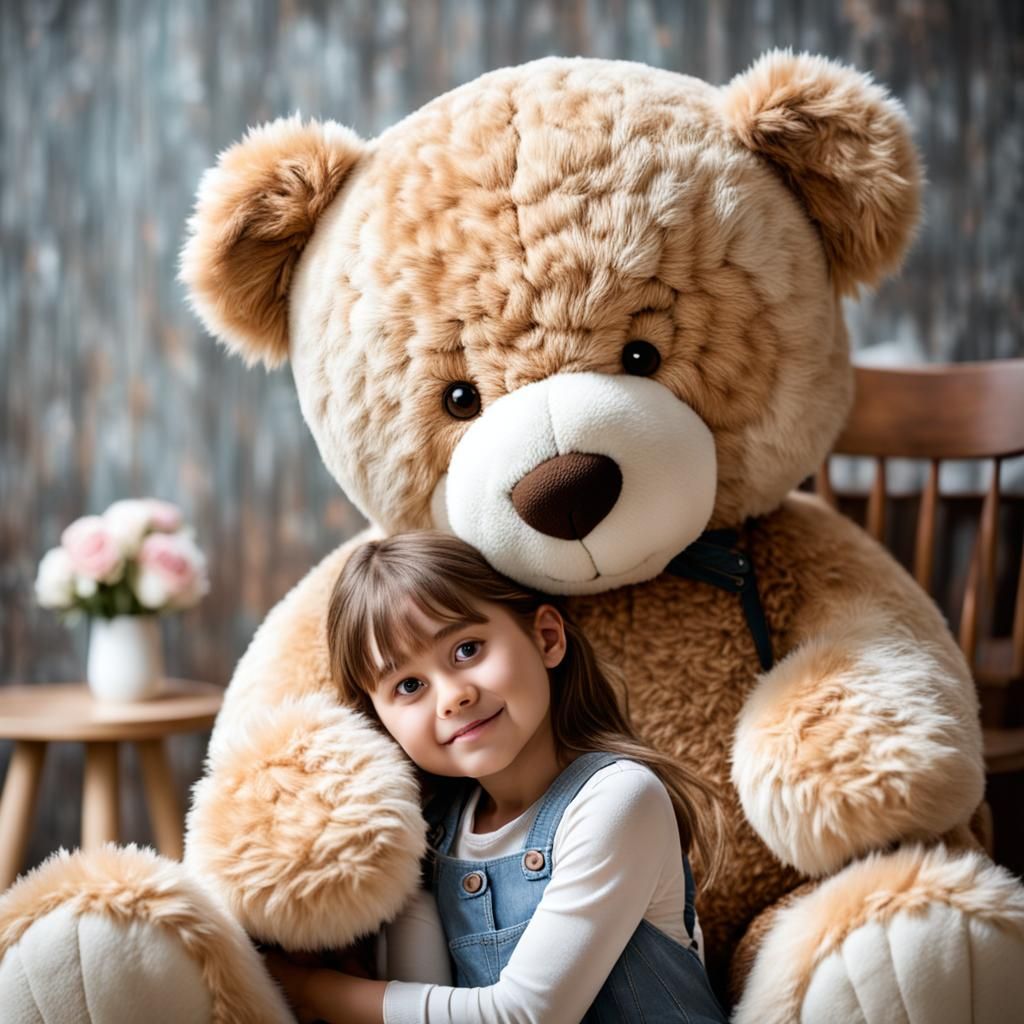 Girl Hugs Giant Teddy Bear in Soft Light