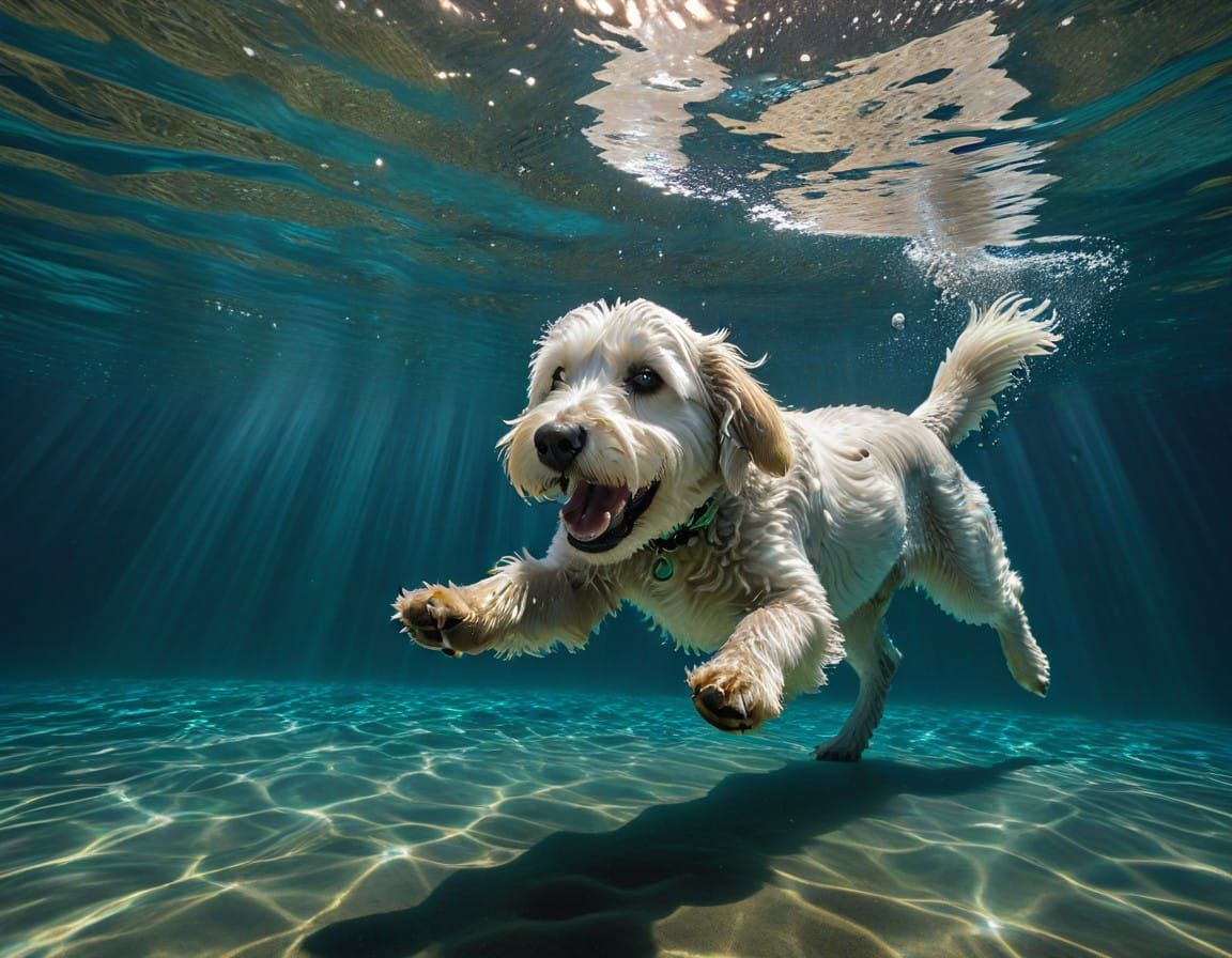 Underwater Joy: A Golden Groodle Chases a Tennis Ball