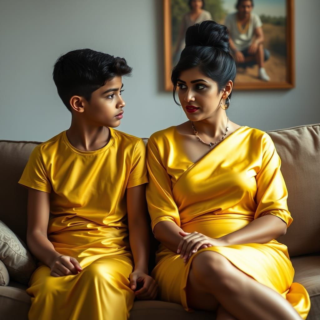 Elegant Indian Woman in Yellow Silk Outfit on Sofa