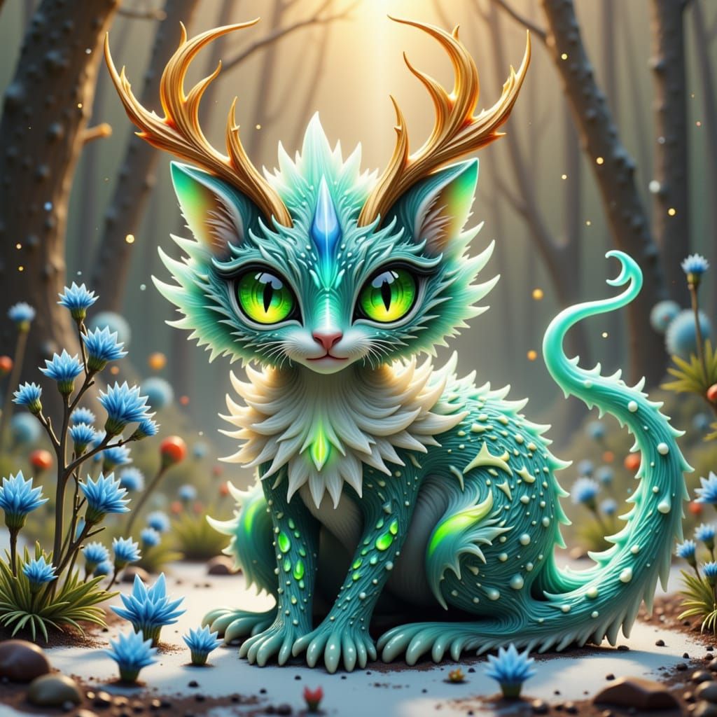 Dragon-Cat Hybrid in Winter Forest, Fantasy Art