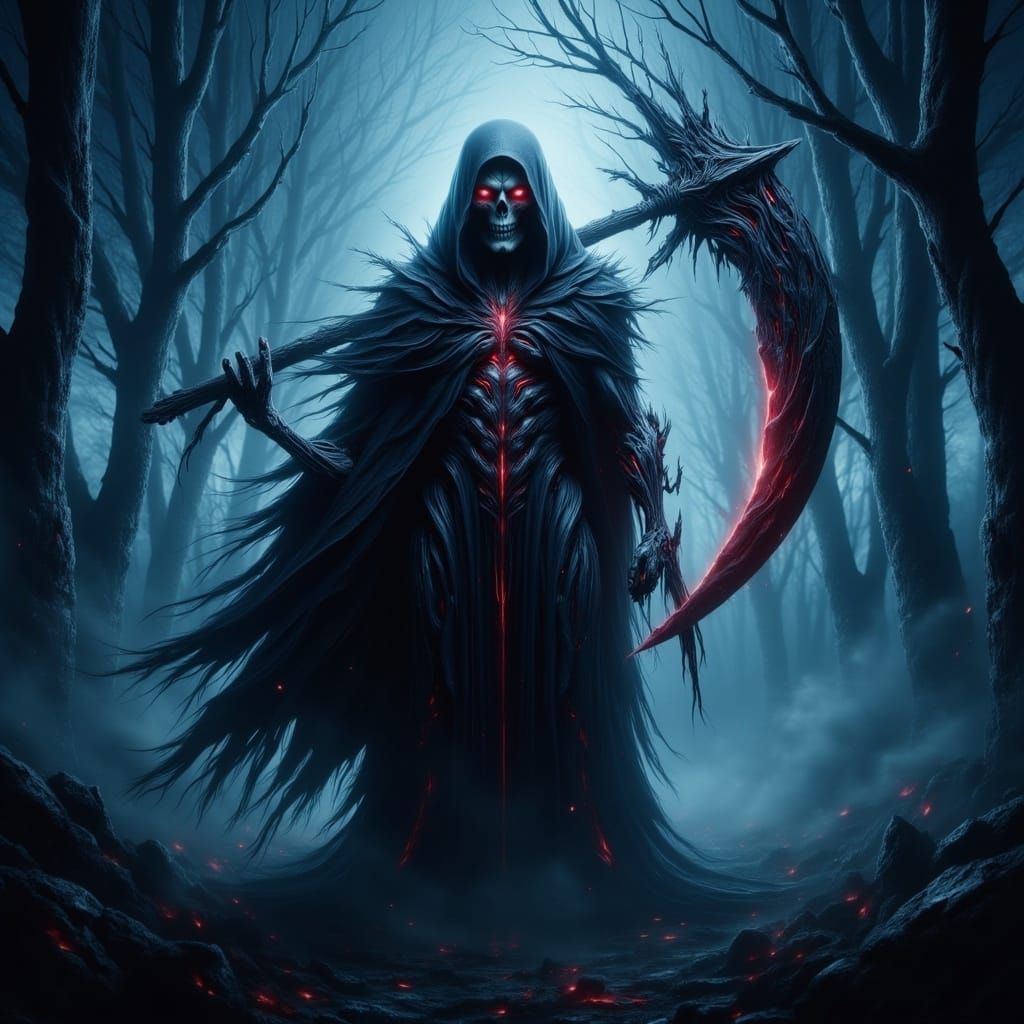 Eerie Grim Reaper in Misty Forest