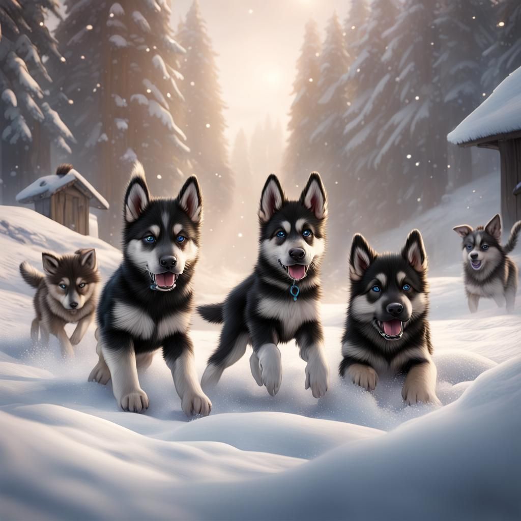 Husky and German Shepherd Pups Play in Snow