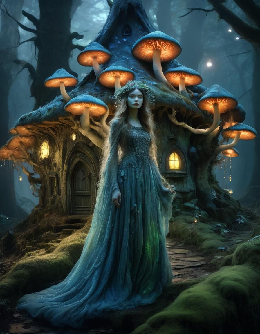 Enchanting Mushroom House Encounter in Fantasy Art Style