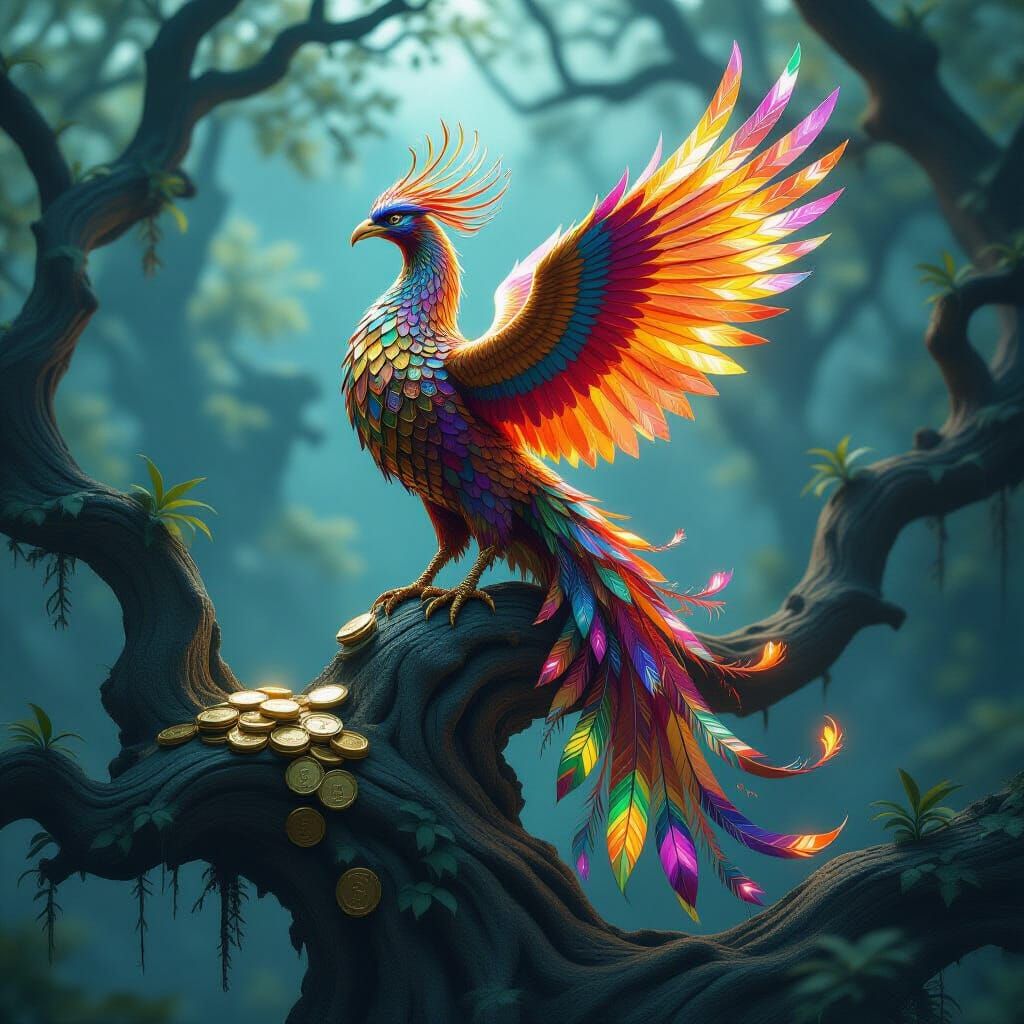 Gemstone Phoenix on Enchanted Tree in Ethereal Forest