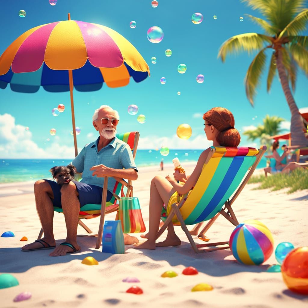 Colorful Beach Scene with Family in Pixar Style