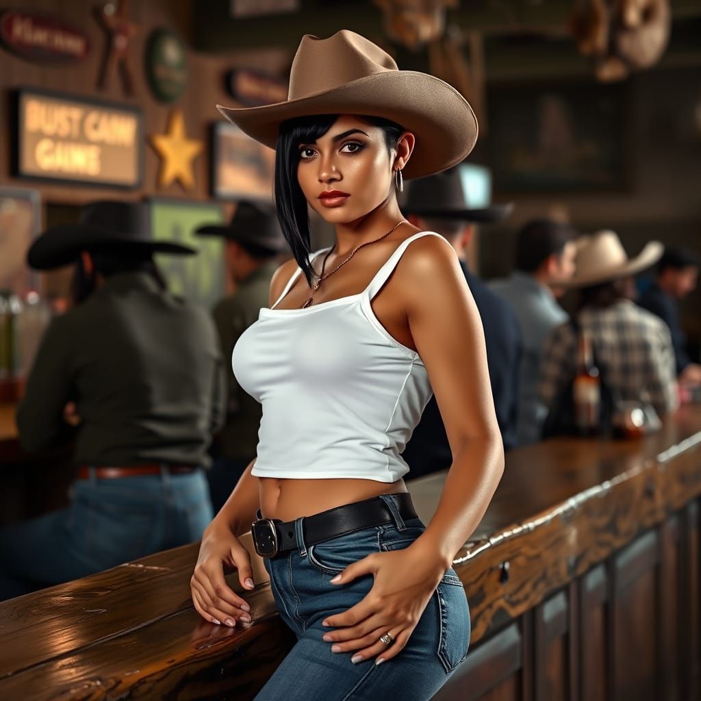 Pakistani Cowgirl Poses at Western Bar