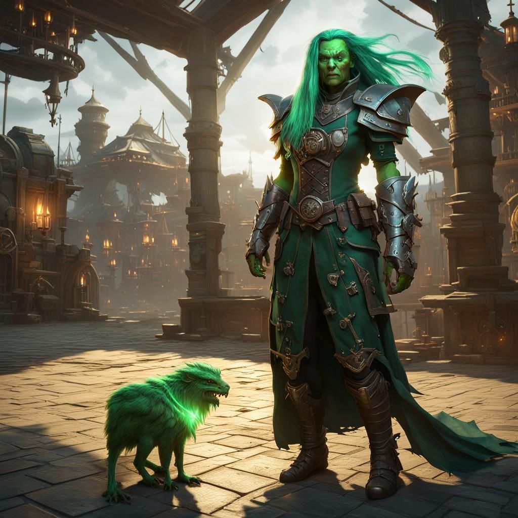 Steampunk Orc Pirate with Metal Griffin: Dark Fantasy Art