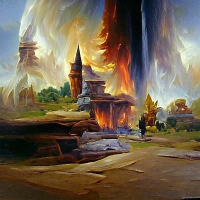 Mage Tower Engulfed in Firestorm: Oil Painting