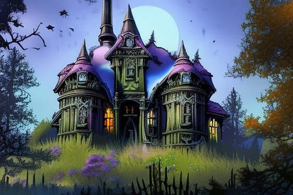 Rainbow Gothic Manor in Moonlight: 3D Render