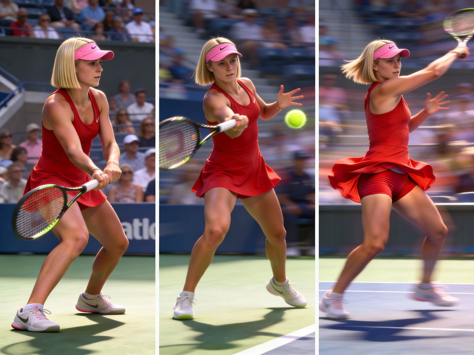 Athletic Woman Playing Tennis in Dynamic Three-Panel Photo