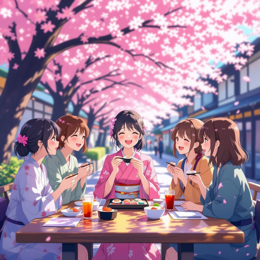 Anime Girl with Friends Eating Sushi Under Cherry Blossoms