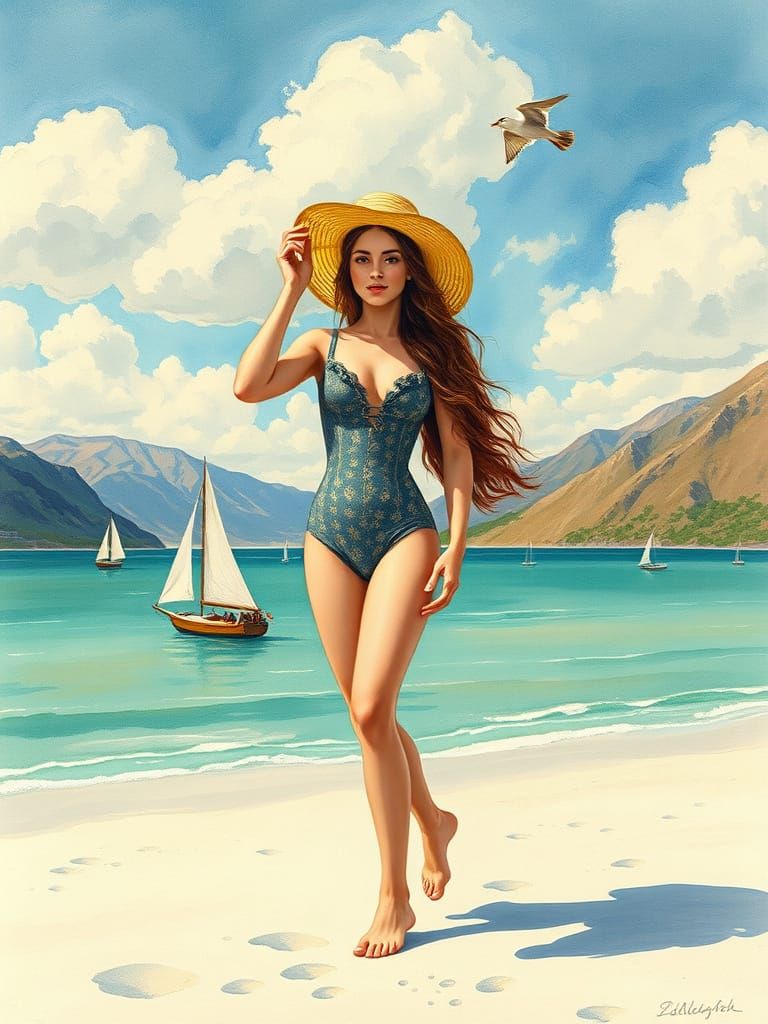 19th Century Lady on Beach in Van Gogh Style