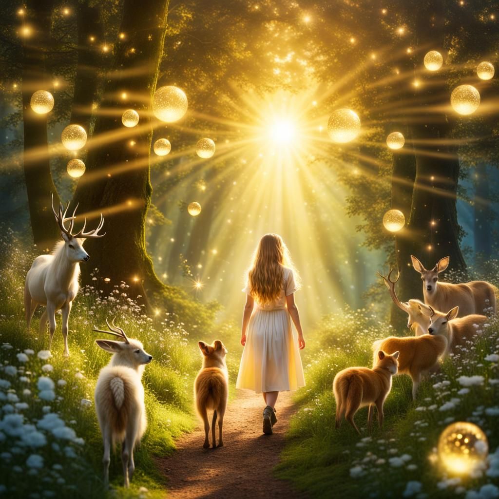 Magical Forest Scene with Teenager and Animals