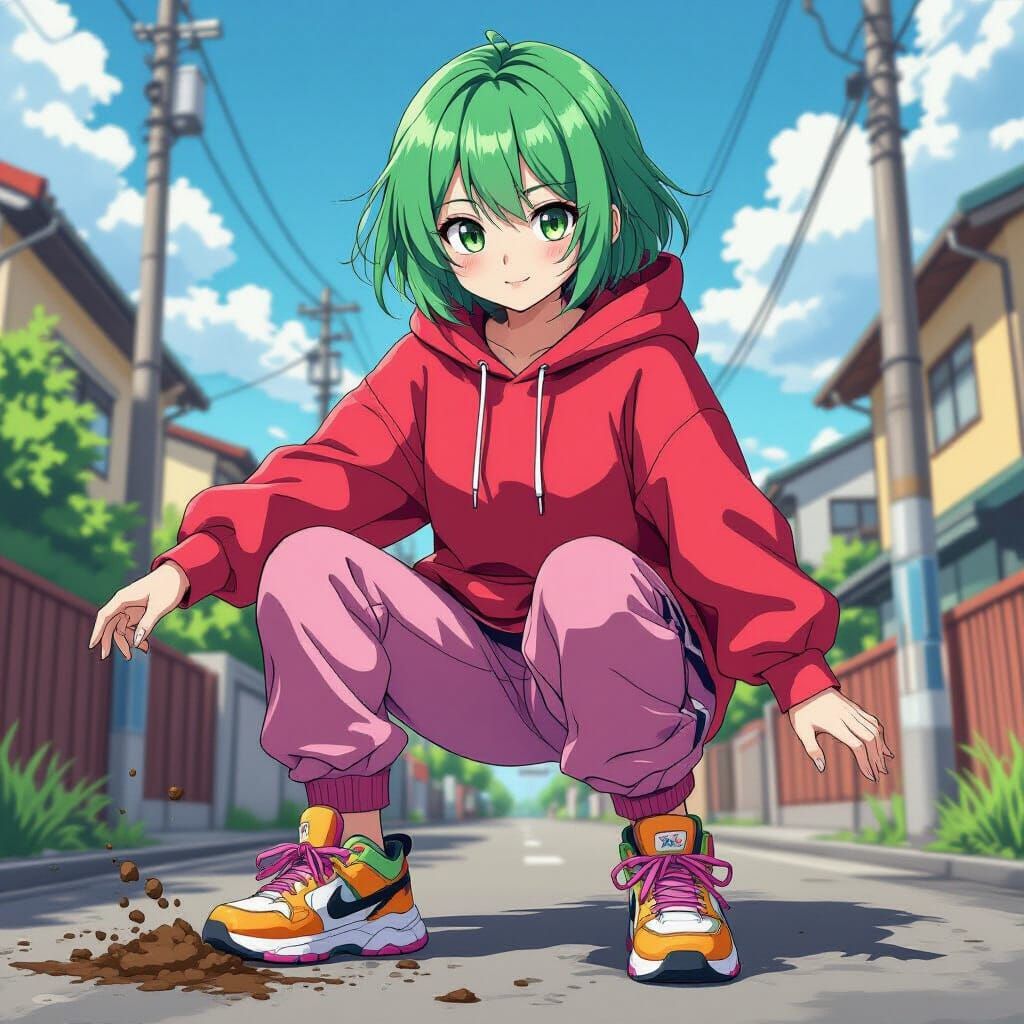 Anime Girl Kicks Dog Poop in Vibrant Manga Style