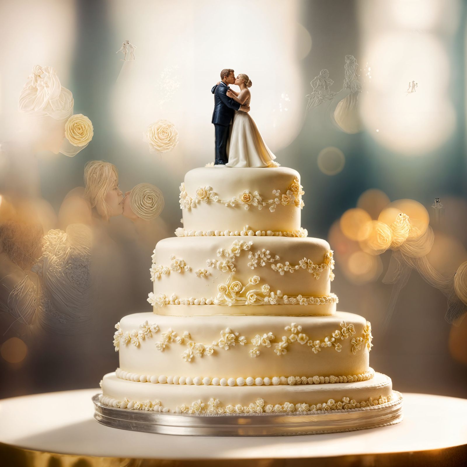 Elegant White Wedding Cake with Kissing Figurines