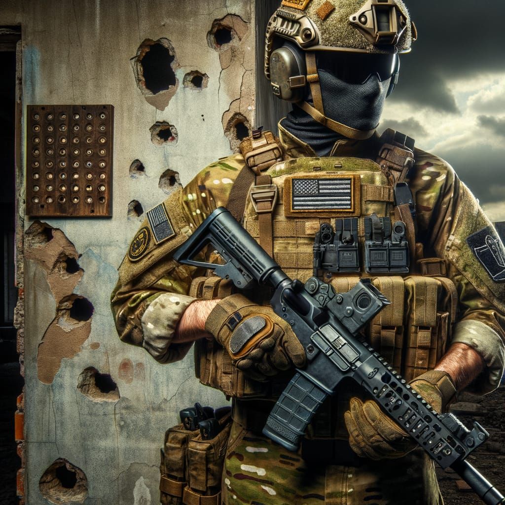 Tactical Soldier in War-Torn Landscape