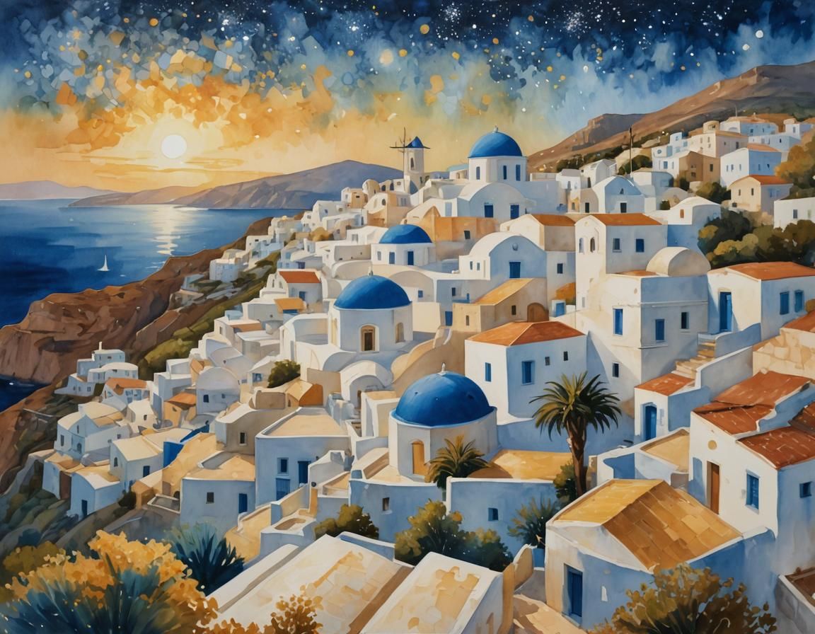 Greek Island Village at Night: Impressionist Gouache Paintin...