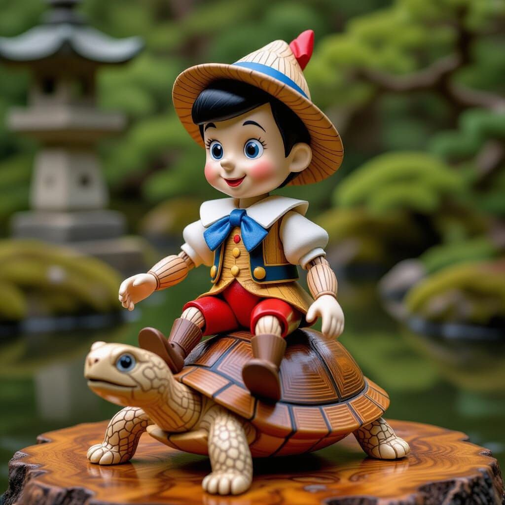 Pinocchio Figurine in Japanese Garden, Surrealist Style
