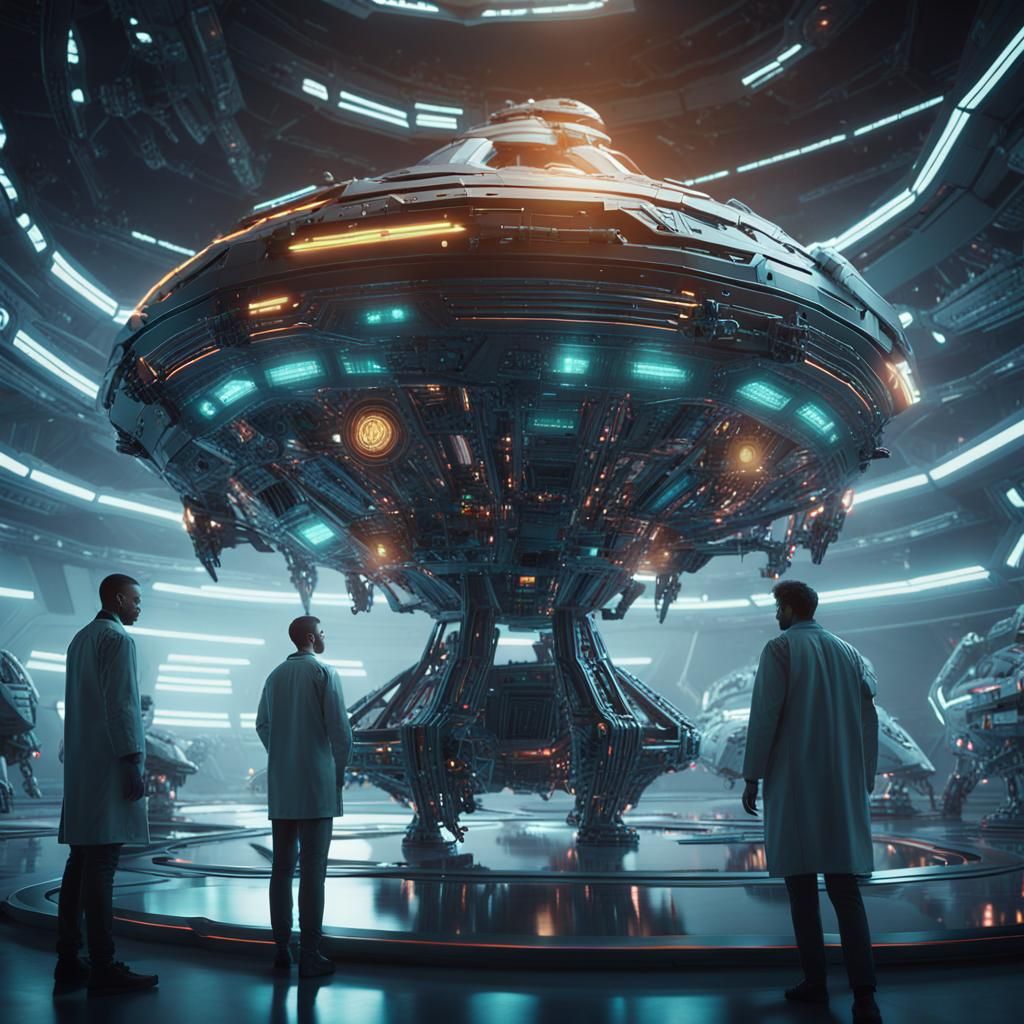 Alien Spacecraft Research in Futuristic Sci-Fi Lab