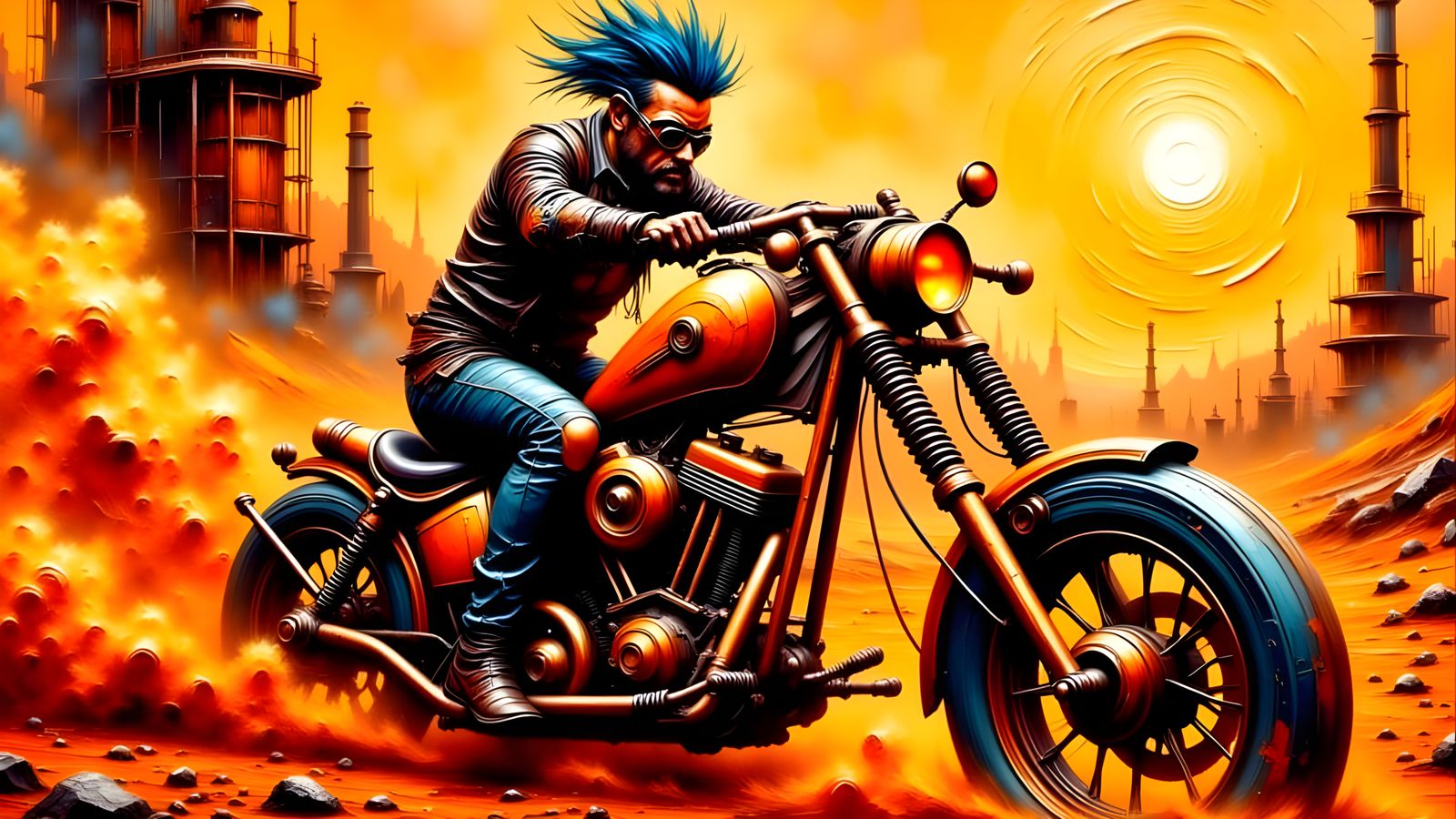 Cyberpunk Steampunk Warrior Rides through Apocalypse