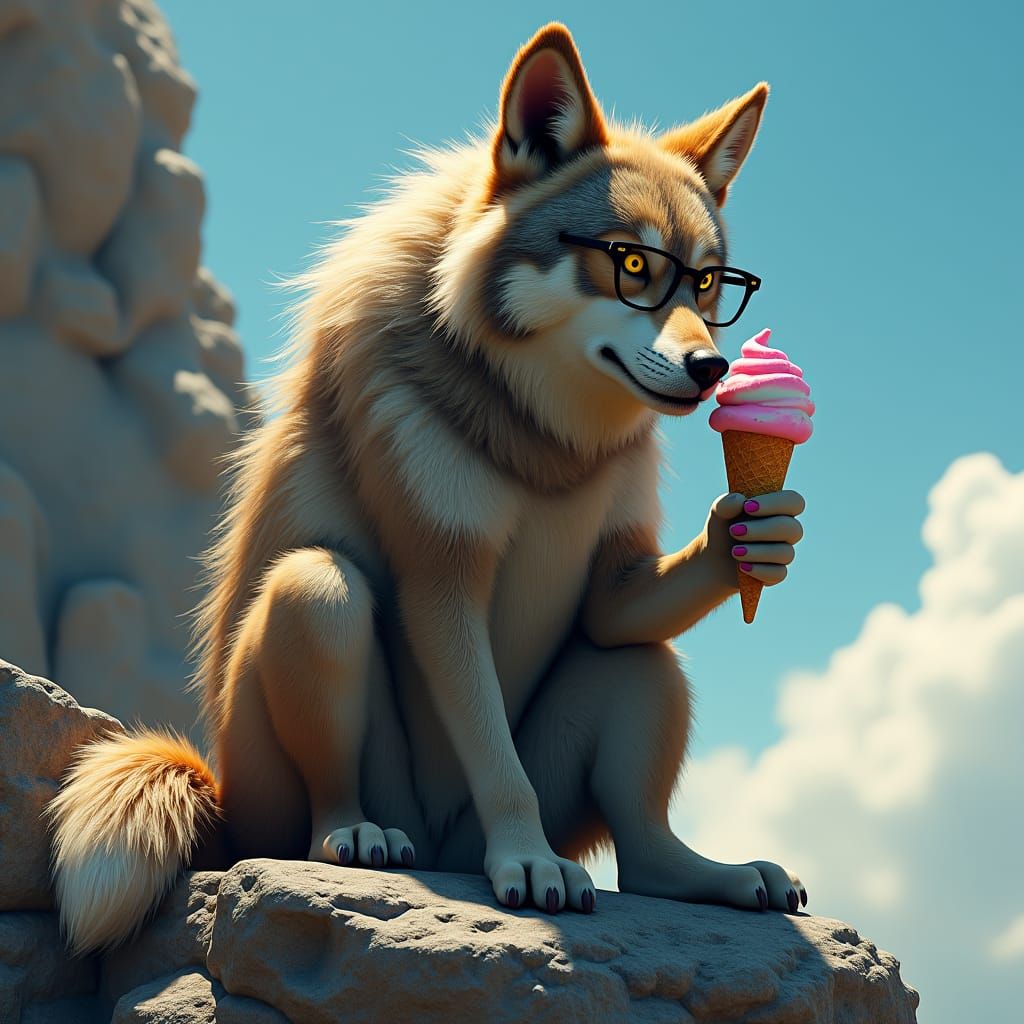 Wolf with Glasses Enjoys Ice Cream