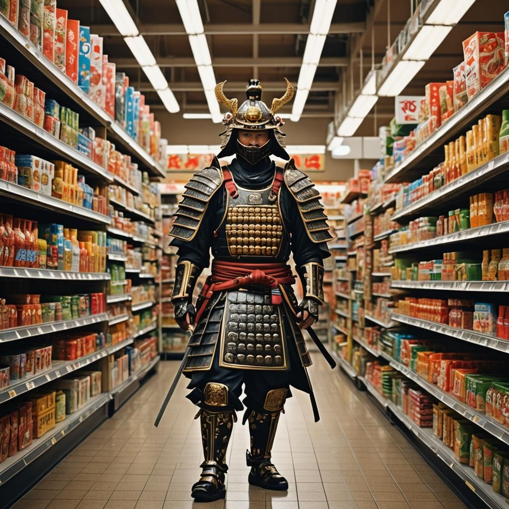 Samurai in Supermarket: Surreal Fantasy Art