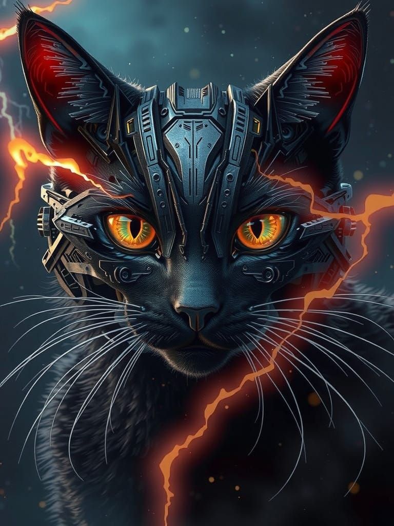 Cybernetic Cat Transforms Amidst Lightning Storm in Industri...