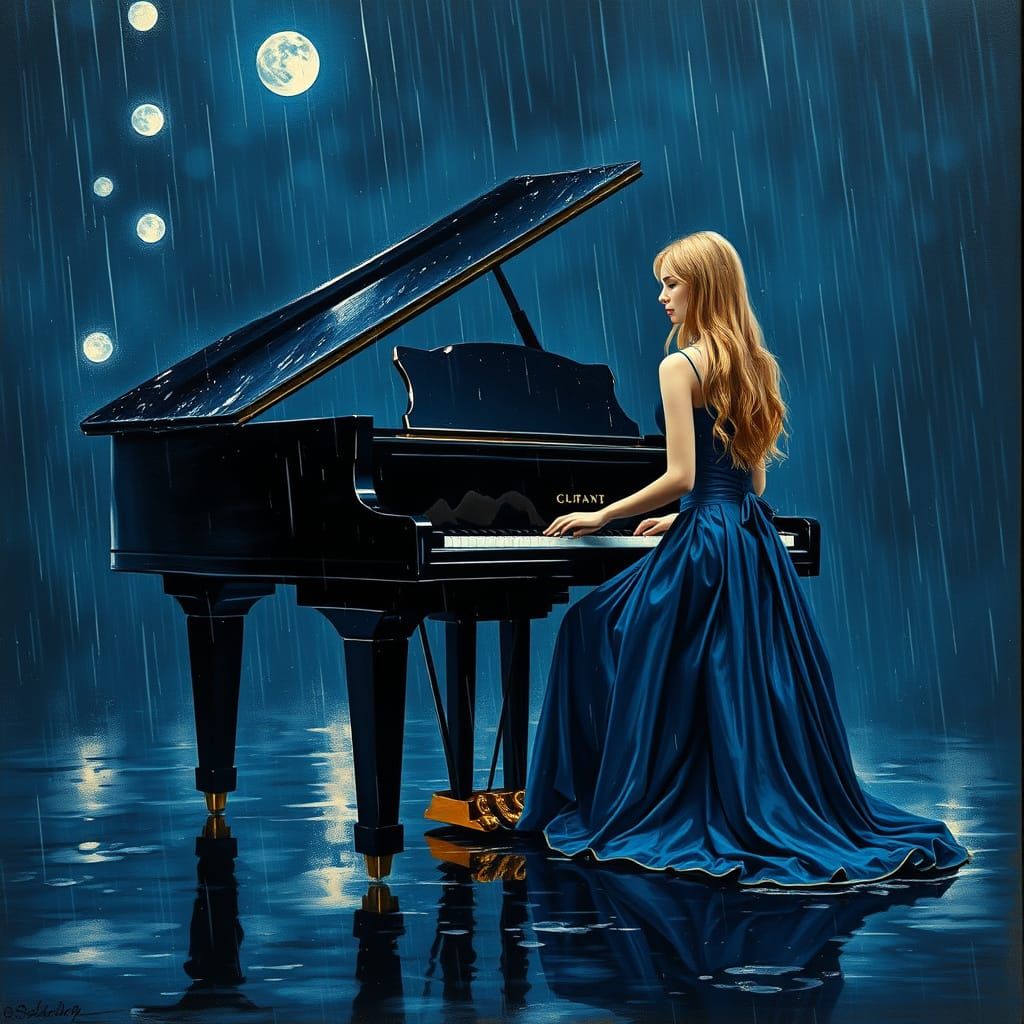 Impressionistic Woman Plays Piano on Rainy Night in Ethereal...