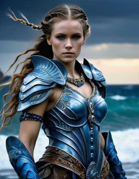 Young Poseidon in Opulent Armor on Stormy Ocean