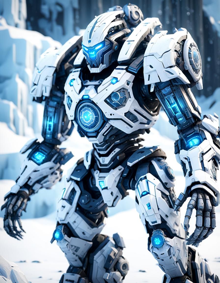 Futuristic Ice Mech Warrior in Cinematic Sci-Fi Style