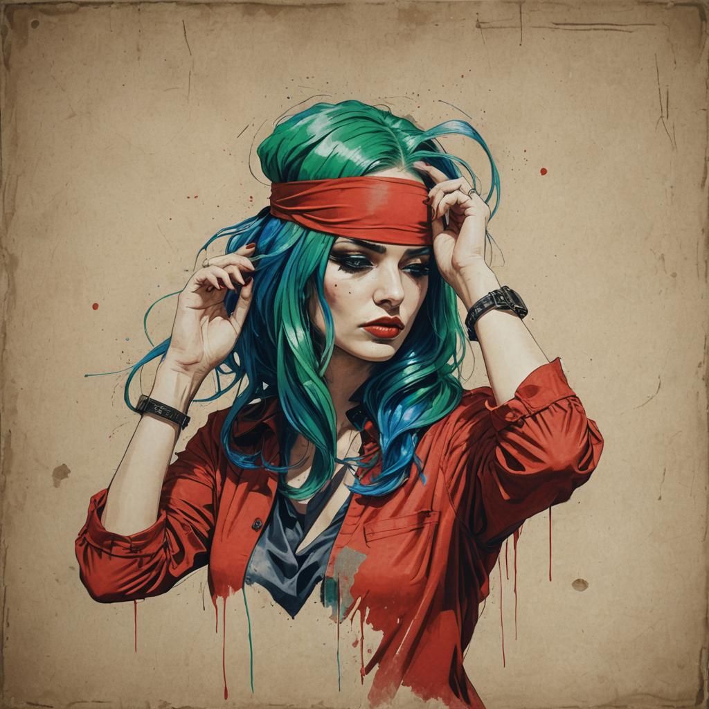 Woman with Green and Blue Hair in Tableau
