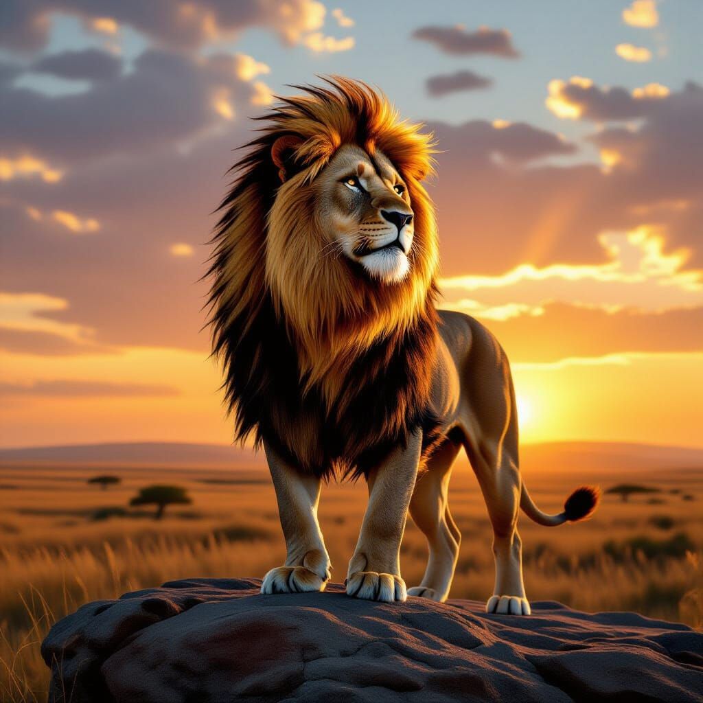 Majestic Lion Overlooking African Sunset