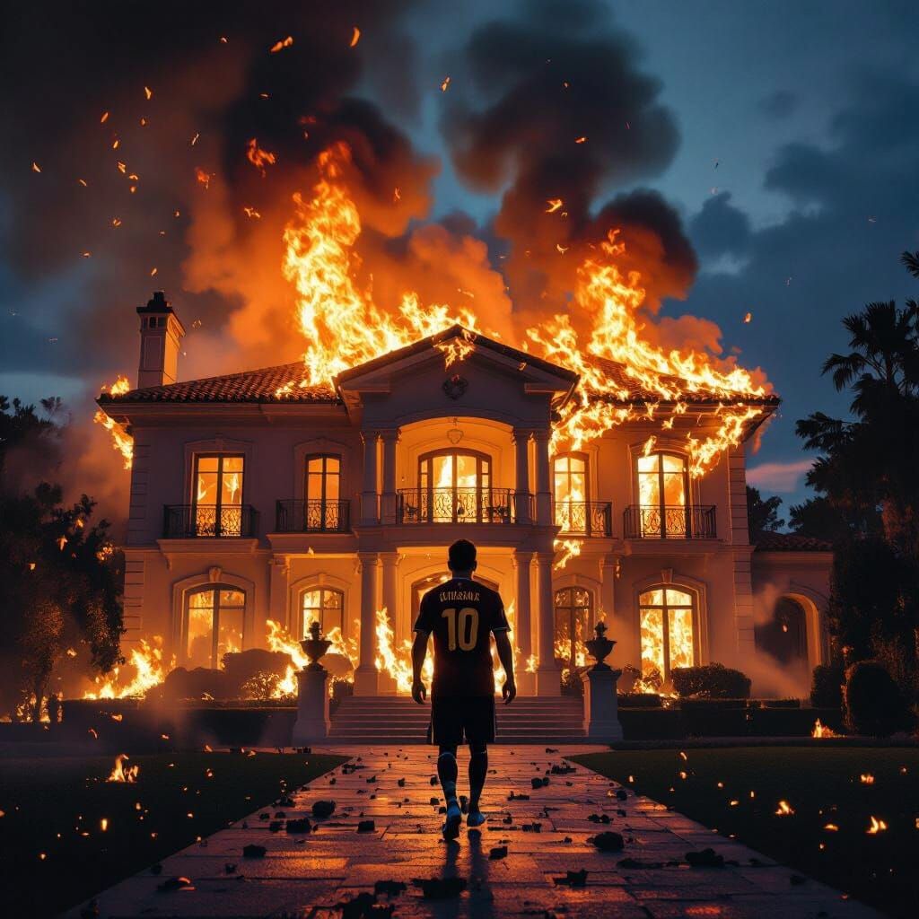 Fiery Devastation: Messi's Mansion Ablaze at Night